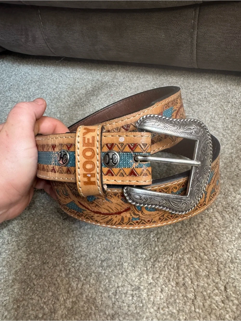 Hooey Men's Tan Leather Belt with Turquoise and Rust Accents